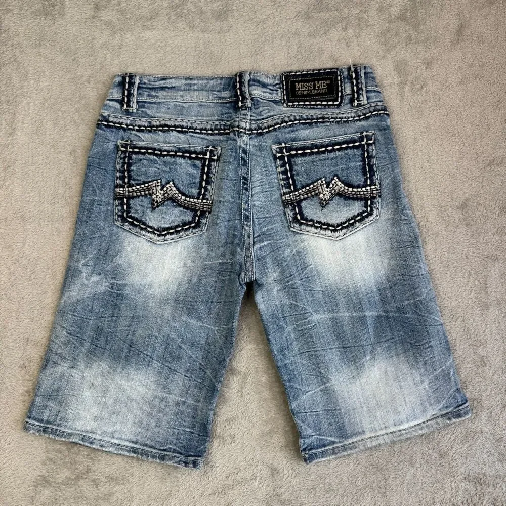 Miss Me Boyfriend Bermuda Shorts Womens 28 Blue Denim Whiskering Thick Stitch